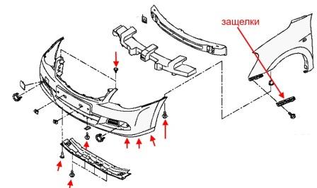 the scheme of fastening of the front bumper Nissan Almera G15